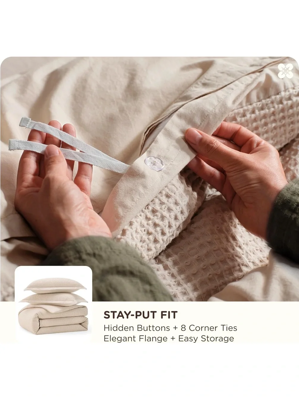 NEW Bedsure PureWoven 3 Pieces 100% Cotton Waffle Duvet Cover Set, King, Beige
